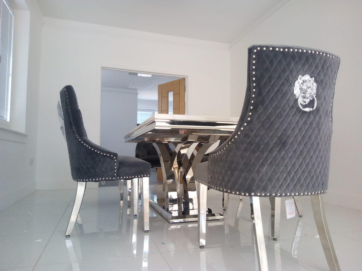 Ottavia White Marble 180CM Dining Table + Lion Knocker Plush Velvet Dining Chairs-Esme Furnishings