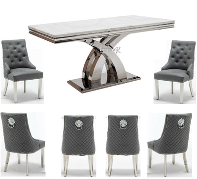 Ottavia 180cm Grey Marble Dining Table + Grey Lion Knocker Faux Leather Chairs-Esme Furnishings