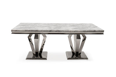 Arturo 180cm Grey Marble Dining Table + Grey Chrome Ring Knocker Faux Leather Chairs-Esme Furnishings
