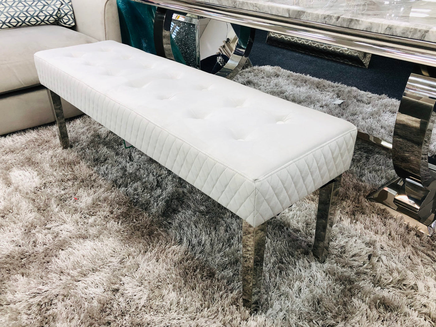 Majestic Silver Quilted Plush Velvet 140cm Bench-Esme Furnishings