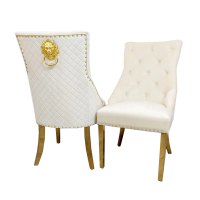 Louis Gold & Black Marble Dining Table With Cream & Gold Lion Knocker Dining Chairs-Esme Furnishings
