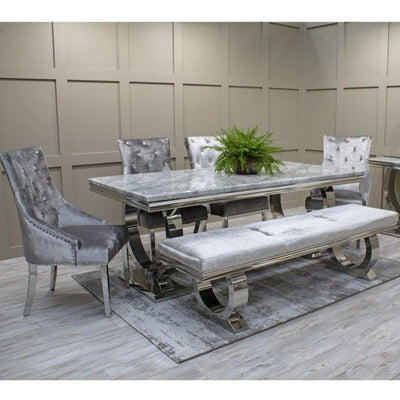 Arianna 200cm Cream Marble Dining Table + 4 Belle Velvet Dining Chairs + Bench-Esme Furnishings