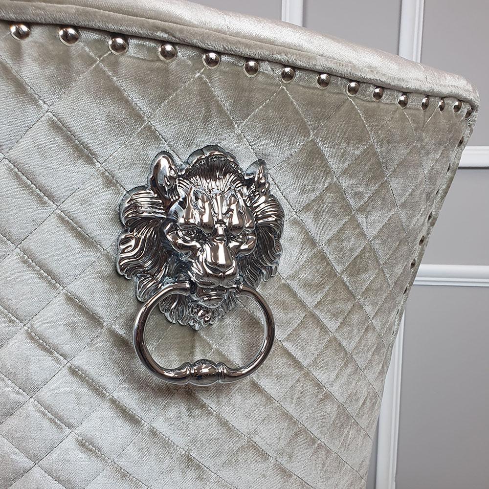 Belle Champagne Mink Velvet Fabric Lion Knocker Quilted Back Dining Chair-Esme Furnishings