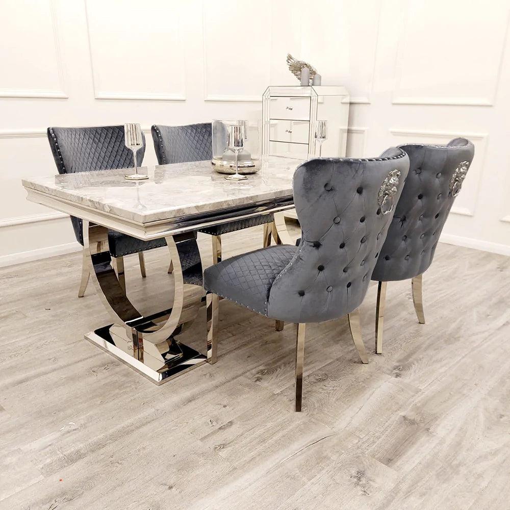 Arianna 180cm Grey, Black Or White Marble Dining Table + 6 Chelsea Shimmer Grey Lion Knocker Plush Velvet Chairs-Esme Furnishings
