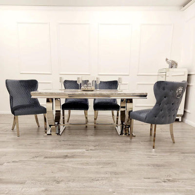 Arianna 180cm Grey, Black Or White Marble Dining Table + 6 Chelsea Shimmer Grey Lion Knocker Plush Velvet Chairs-Esme Furnishings