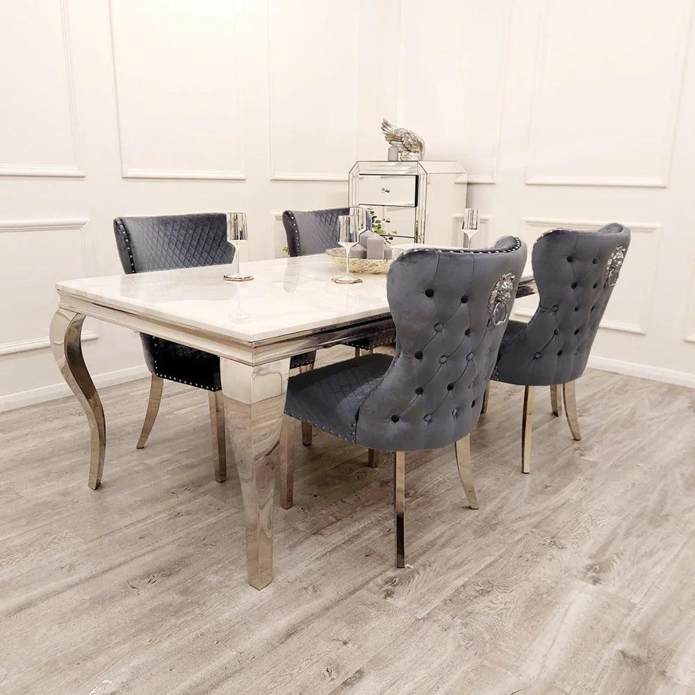 Louis 150cm Grey, Black Or White Marble Dining Table + 4 Chelsea Shimmer Grey Lion Knocker Plush Velvet Chairs-Esme Furnishings