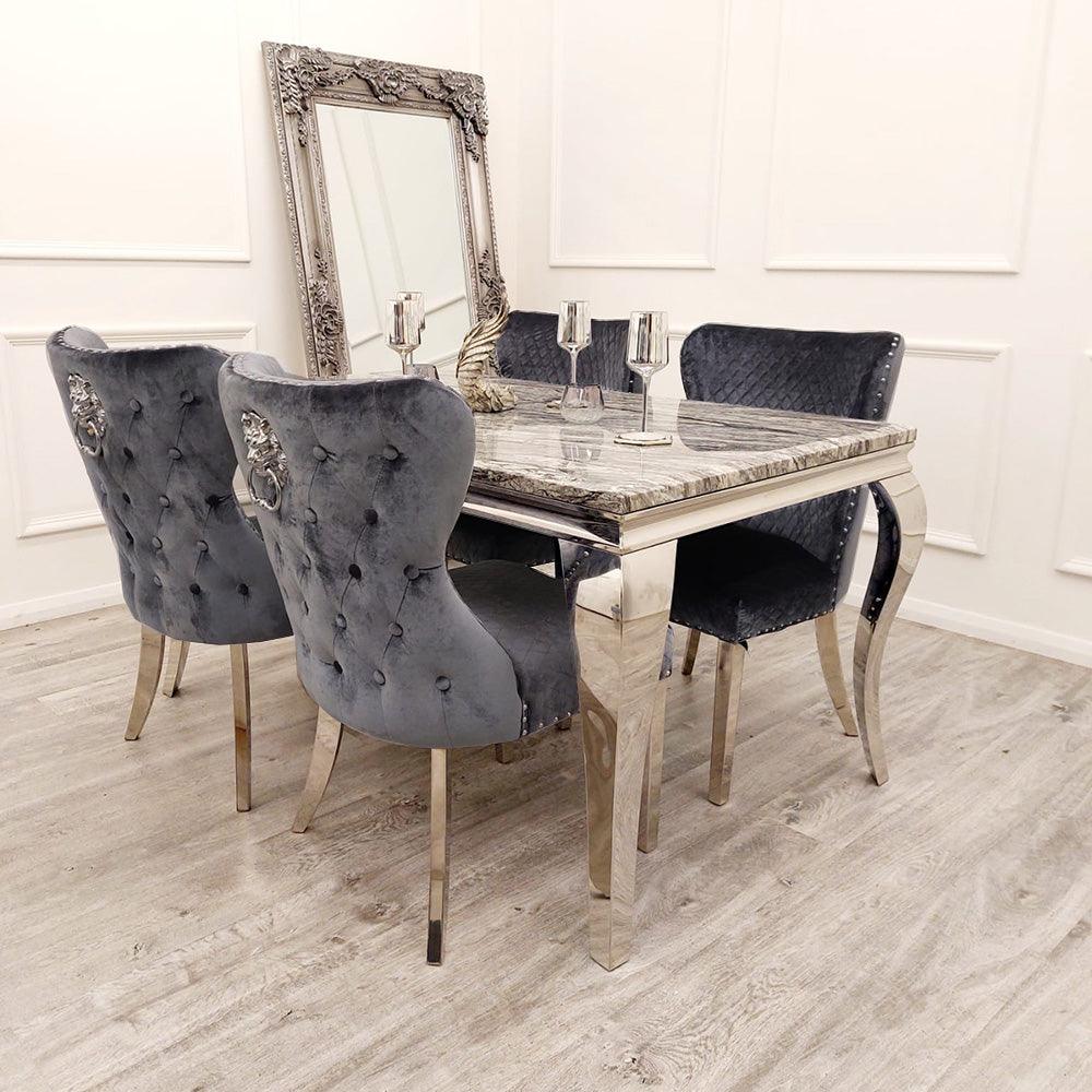 Louis 150cm Dark Grey Marble Dining Table + Chelsea Grey Button Lion Knocker Plush Velvet Chairs-Esme Furnishings
