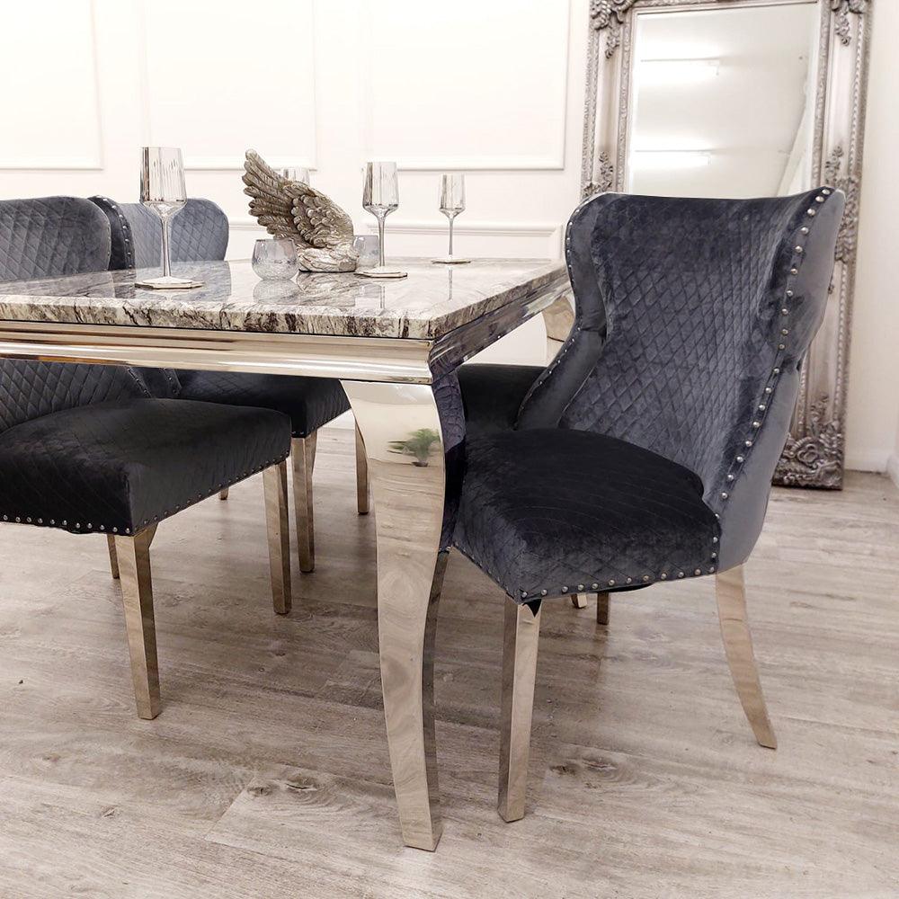 Louis 150cm Dark Grey Marble Dining Table + Chelsea Grey Button Lion Knocker Plush Velvet Chairs-Esme Furnishings