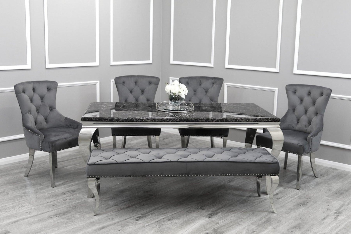 Louis Black Marble 200CM Dining Table + Grey Lion Chairs, 180cm Bench Option-Esme Furnishings