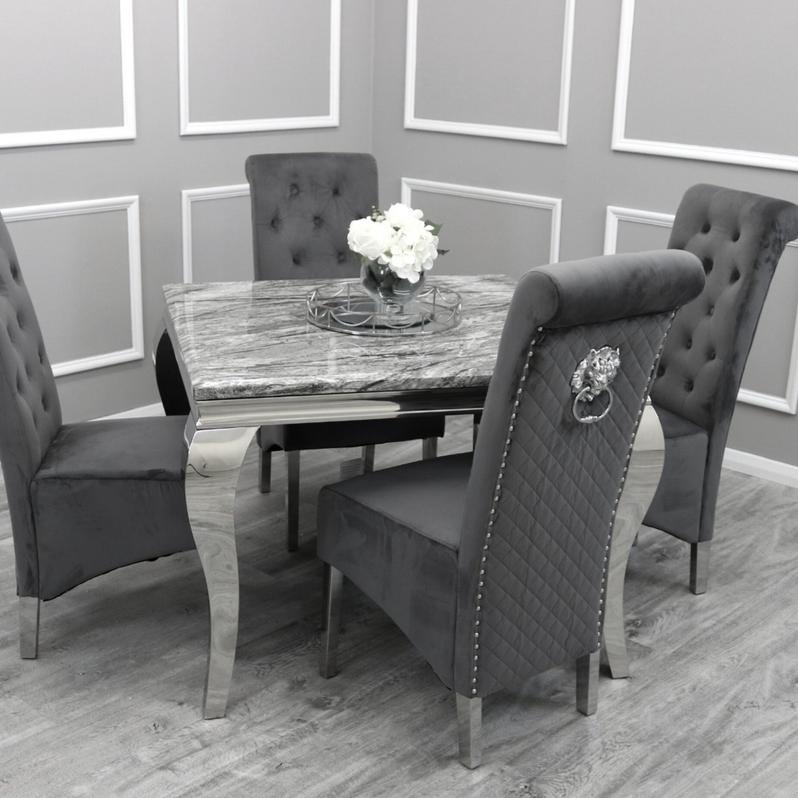 Louis 100cm Square White Marble Dining Table + Lucy Grey Lion Slim Knocker Plush Velvet Chairs-Esme Furnishings
