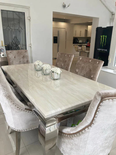 Arianna Cream Marble 150CM Dining Table + Valente Champagne Lion Velvet Chairs