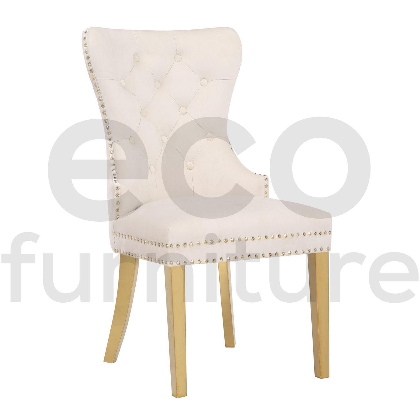 Belmont Cream Plush Velvet Gold Lion Knocker Quilted Back Dining Chairs With Gold Legs-Esme Furnishings