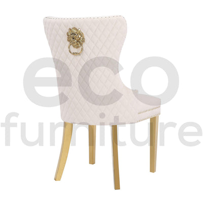Belmont Cream Plush Velvet Gold Lion Knocker Quilted Back Dining Chairs With Gold Legs-Esme Furnishings