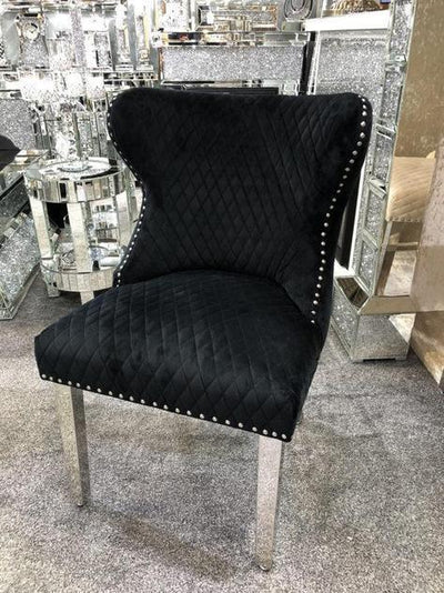 Valentino Black Quilted French Velvet Chrome Leg Lion Knockerback Dining Chair-Esme Furnishings
