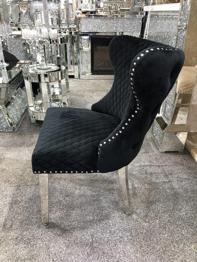Valentino Black Quilted French Velvet Chrome Leg Lion Knockerback Dining Chair-Esme Furnishings
