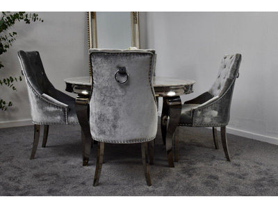 Louis 130cm Grey Marble Round Dining Table + Belle Plush Velvet Knocker Chairs-Esme Furnishings