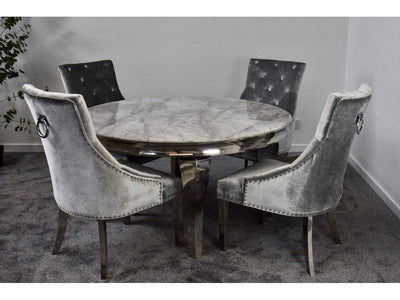 Louis 130cm Grey Marble Round Dining Table + Belle Plush Velvet Knocker Chairs-Esme Furnishings
