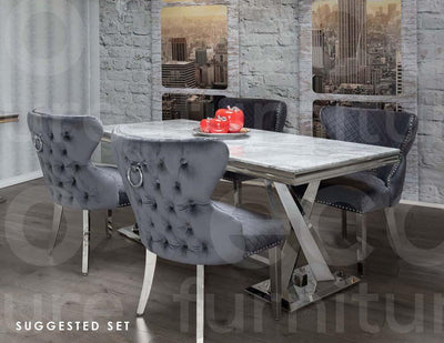 Windsor X Frame Grey Marble 180CM Dining Table + Valentino Grey Button Ring Velvet Chairs-Esme Furnishings