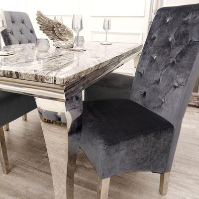 Louis 150cm Dark Grey Marble Dining Table + Lucy Grey Lion Slim Knocker Plush Velvet Chairs-Esme Furnishings