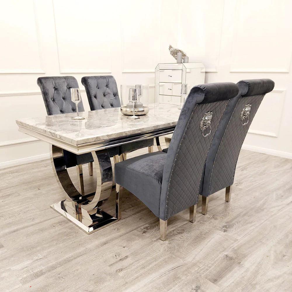Arianna 180cm Grey, Black Or White Marble Dining Table + 6 Lucy Shimmer Grey Lion Slim Knocker Plush Velvet Chairs-Esme Furnishings
