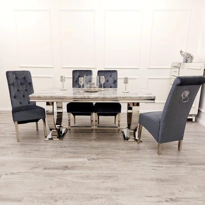 Arianna 180cm Grey, Black Or White Marble Dining Table + 6 Lucy Shimmer Grey Lion Slim Knocker Plush Velvet Chairs-Esme Furnishings