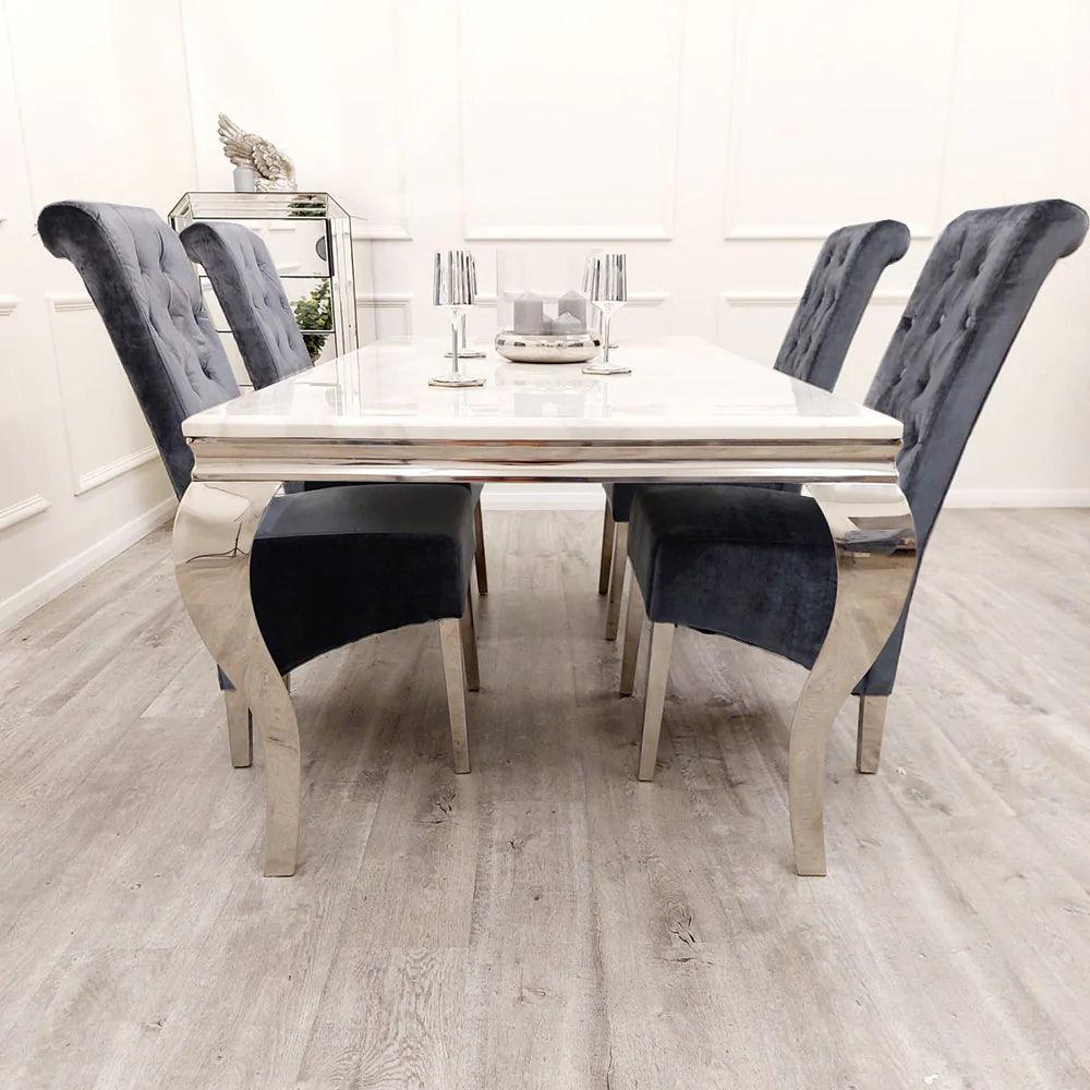 Louis 150cm Dark Grey Marble Dining Table + Lucy Grey Lion Slim Knocker Plush Velvet Chairs-Esme Furnishings