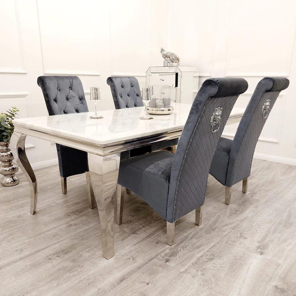 Louis 150cm Dark Grey Marble Dining Table + Lucy Grey Lion Slim Knocker Plush Velvet Chairs-Esme Furnishings