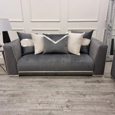 Romeo 3 & 2 Seater Sofa Set - Grey Plush Velvet Quilted & Chrome