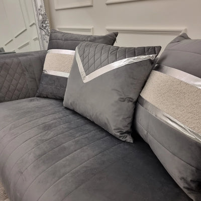 Romeo 3 & 2 Seater Sofa Set - Grey Plush Velvet Quilted & Chrome