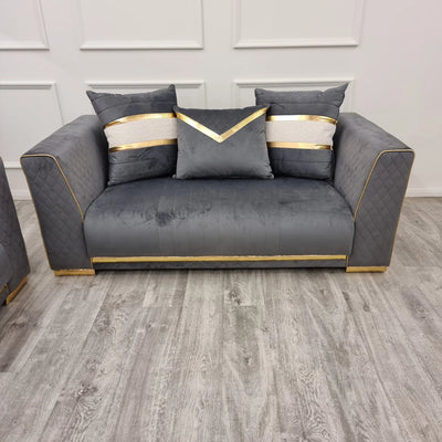 Romeo 3 & 2 Seater Sofa Set - Grey & Gold Plush Velvet Quilted