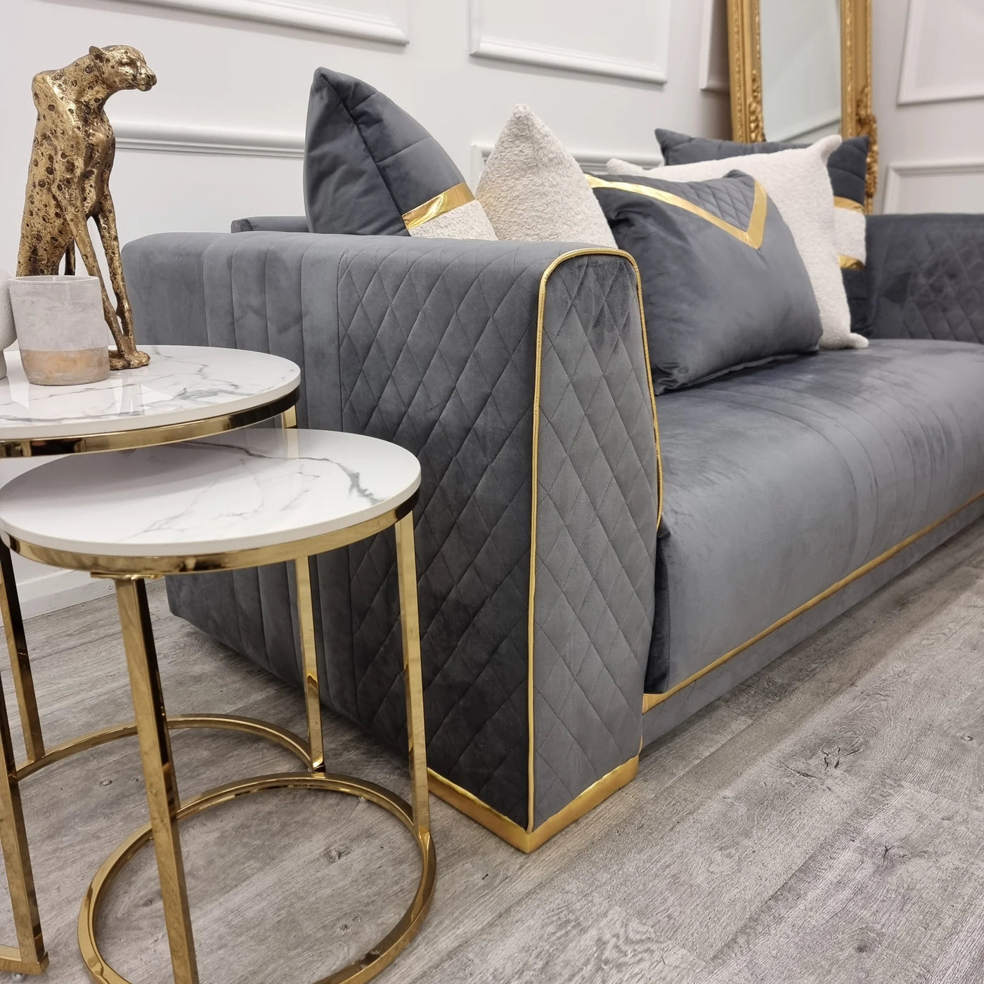 Romeo 3 & 2 Seater Sofa Set - Grey & Gold Plush Velvet Quilted