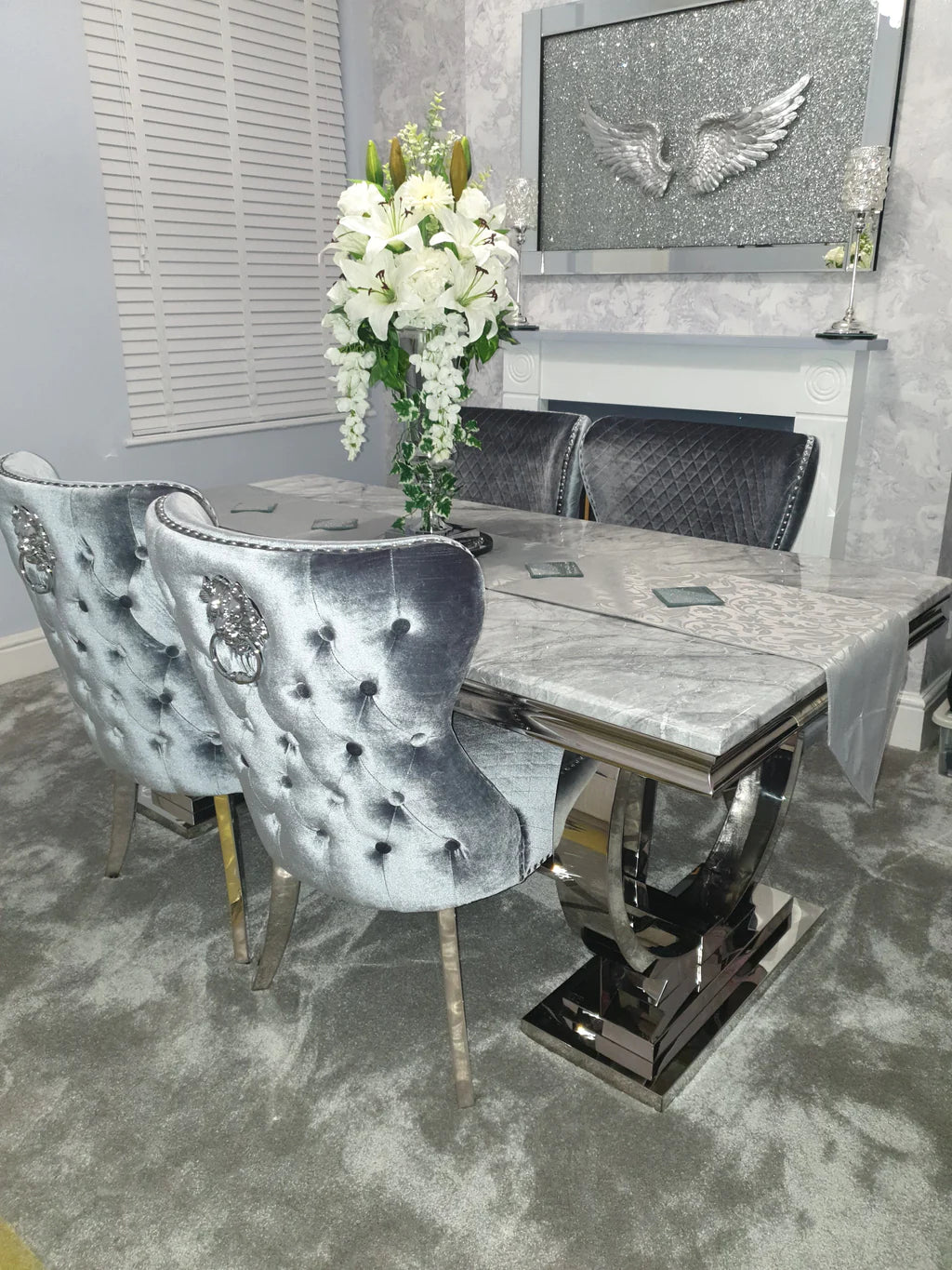 Arianna 180cm Grey Marble Dining Table + Light Grey Button Lion Knocker Velvet Chairs