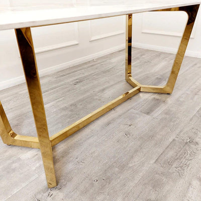 Lucien 180cm Gold Dining Table with Pandora Gold Sintered Stone Top + Belmont Gold Lion Knocker Dining Chairs-Esme Furnishings