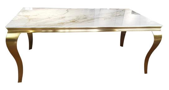 Louis Gold Marble Dining Table With Gold Lion Knocker Dining Chairs-Esme Furnishings