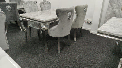 Louis 150cm Grey Marble Dining Table + Mayfair Lion Knocker Plush Velvet Chairs-Esme Furnishings