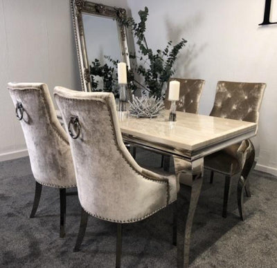 Louis 150cm Cream Marble Dining Table + Belle Plush Velvet Chairs-Esme Furnishings