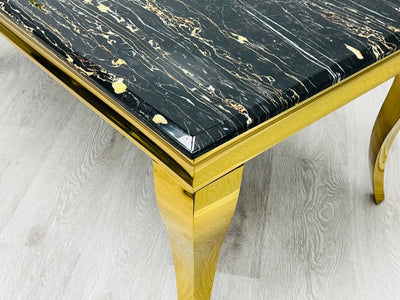 Louis Gold Black Marble Dining Table With Shimmer Black / Gold Ring Knocker Dining Chairs