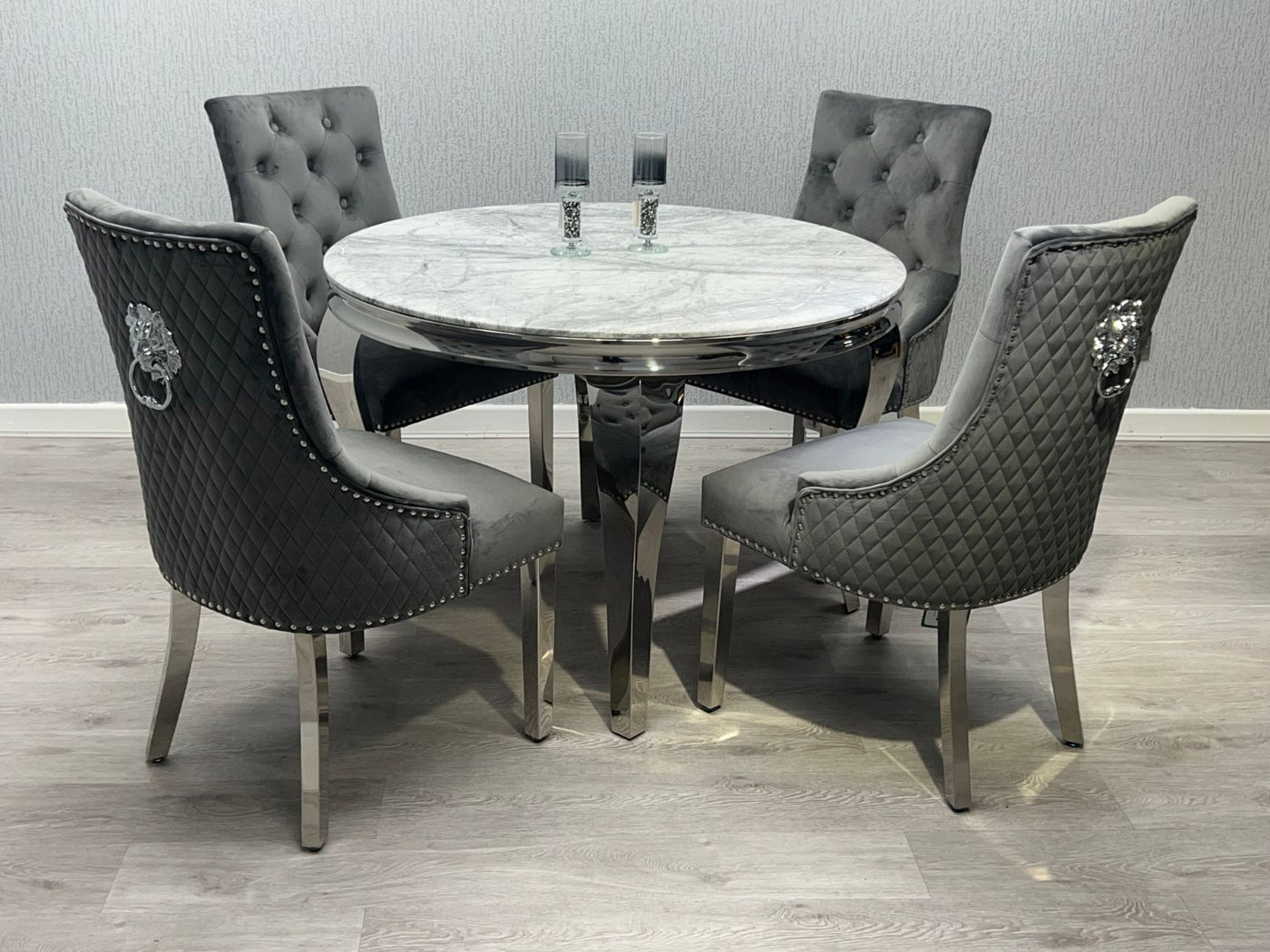 Louis 130cm Grey Marble Round Dining Table + Dark Grey Lion Knocker Chairs
