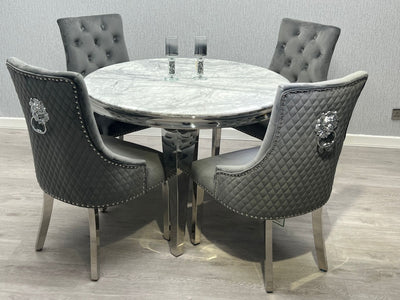 Louis Grey Round 130cm Marble Dining Table + Grey Lion Knocker Velvet Dining Chairs