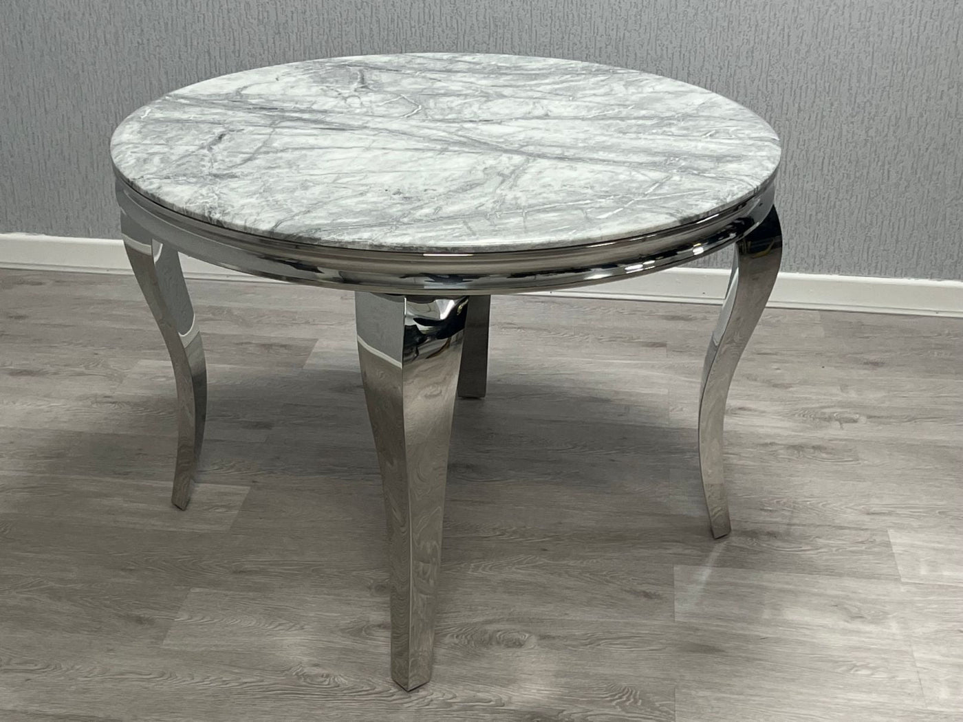 Louis Grey Round 130cm Marble Dining Table + Grey Lion Knocker Velvet Dining Chairs