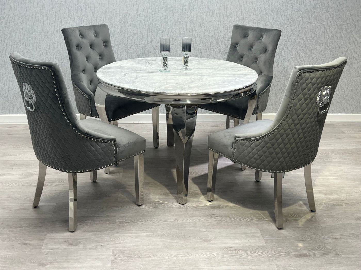Louis Round 130cm Marble Dining Table + Lion Knocker Plush Velvet Dining Chairs