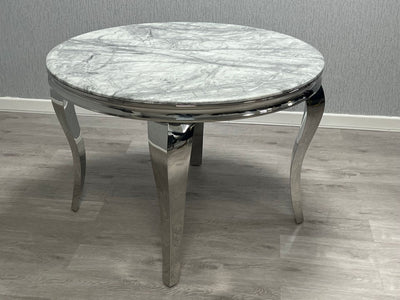 Louis Round 130cm Marble Dining Table + Lion Knocker Plush Velvet Dining Chairs