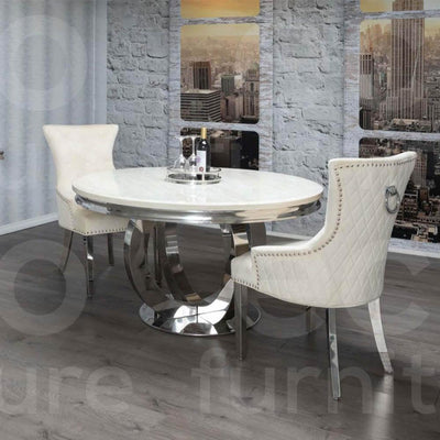 Chelsea 130cm Cream Marble Round Dining Table + Megan Cream Button Ring Velvet Chairs-Esme Furnishings