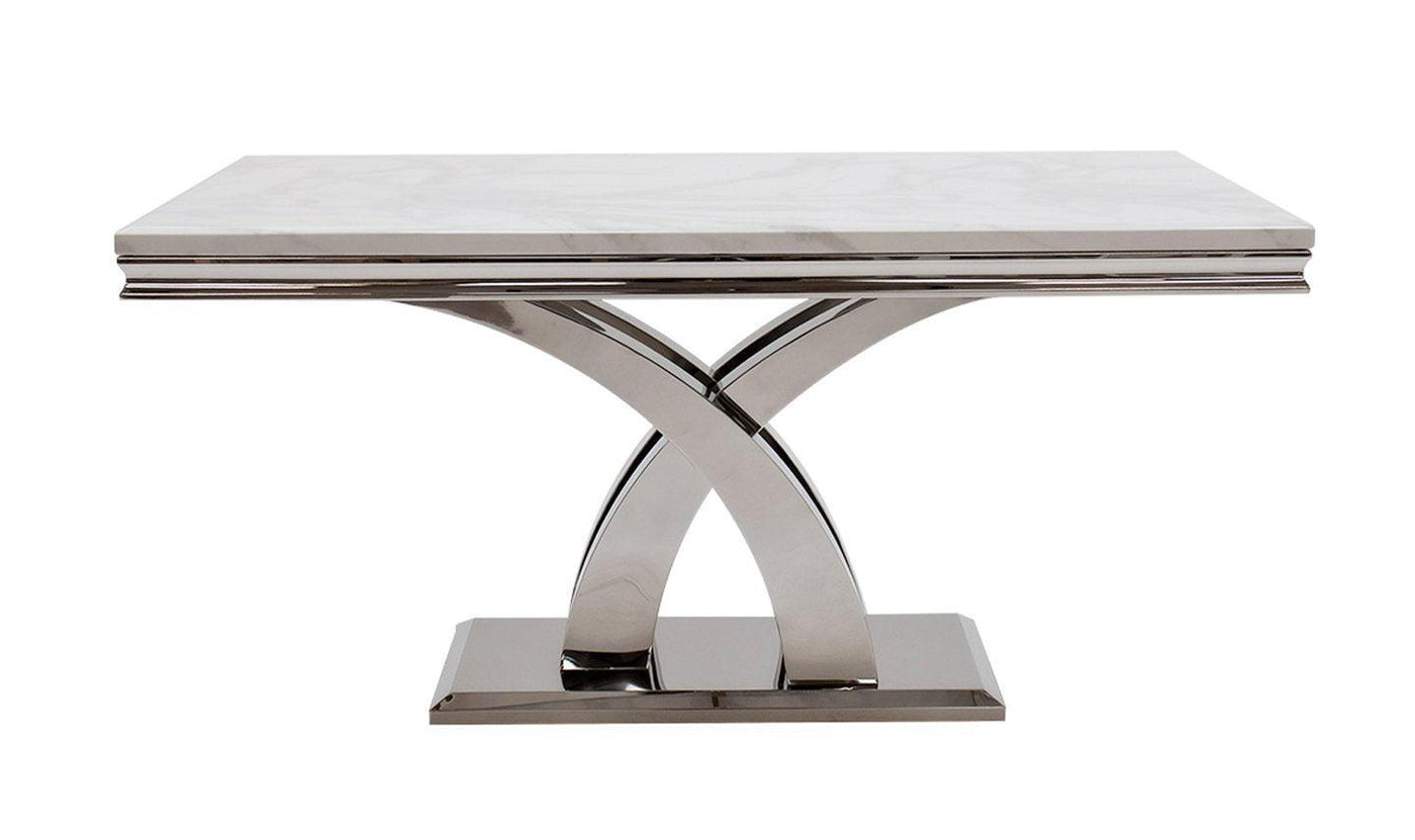 Ottavia 180cm White Marble Dining Table + Grey Chrome Ring Knocker Faux Leather Chairs-Esme Furnishings