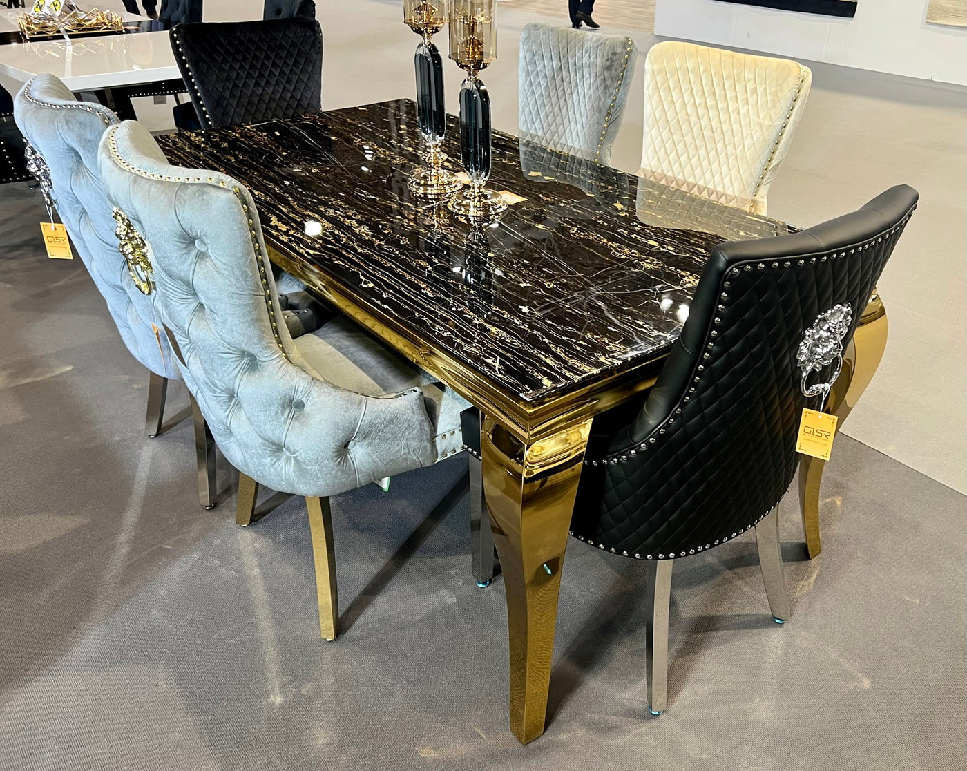 Louis Gold Marble Dining Table With Gold Lion Knocker Dining Chairs-Esme Furnishings