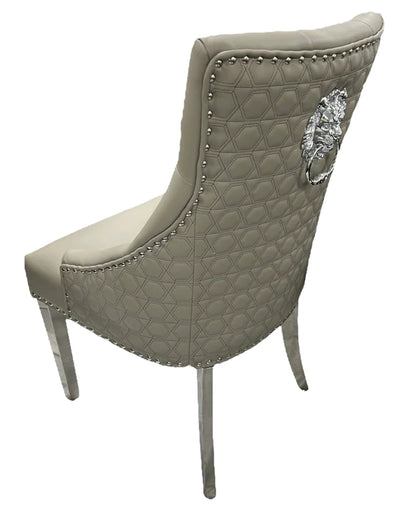 Winchester Light Grey PU Dining Chair Faux Leather Lion Knocker Chrome-Esme Furnishings