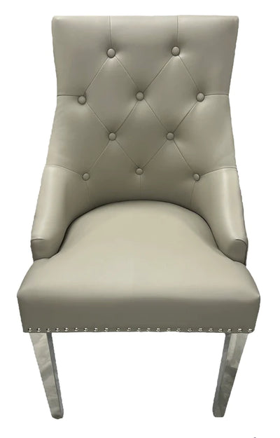 Winchester Light Grey PU Dining Chair Faux Leather Lion Knocker Chrome-Esme Furnishings