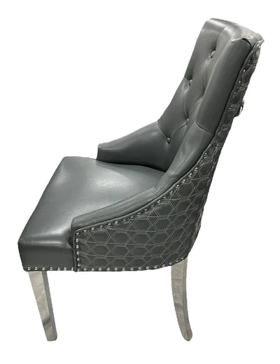 Roma Grey PU Dining Chair Faux Leather Round Ring Knocker Chrome-Esme Furnishings