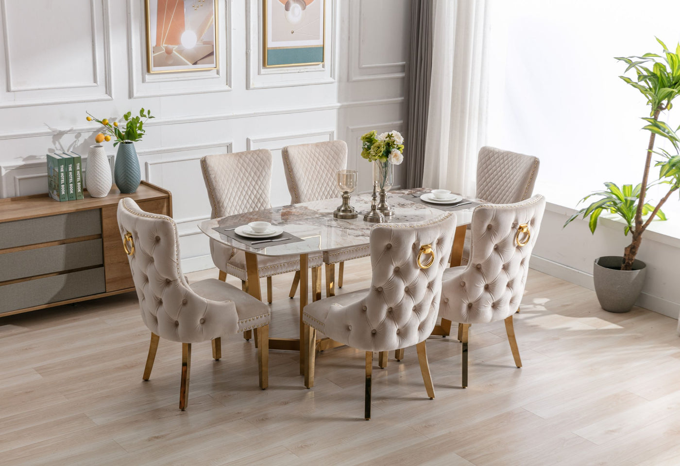 Lucien 150cm Gold Oval Dining Table with Pandora Gold Ceramic Marble Top + Cream/Gold  Ring Knocker Velvet Chairs