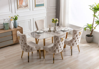 Lucien 150cm Gold Oval Dining Table with Pandora Gold Ceramic Marble Top + Cream/Gold  Ring Knocker Velvet Chairs